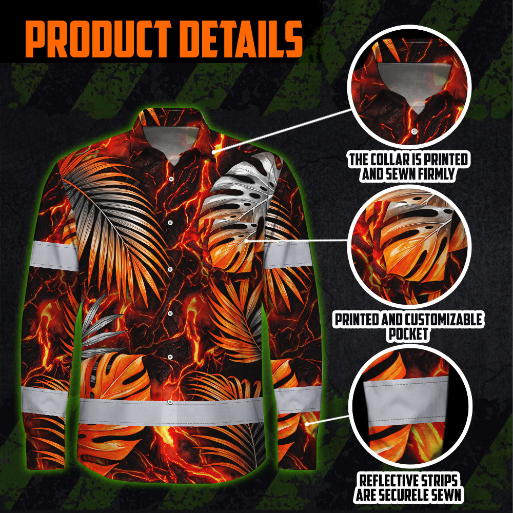 Hi Vis Hawaiian Long Sleeve Shirt Reflective Tape Orange Neon Leaves Hi-Vis Long Sleeve Shirt