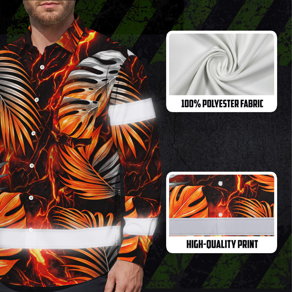 Hi Vis Hawaiian Long Sleeve Shirt Reflective Tape Orange Neon Leaves Hi-Vis Long Sleeve Shirt