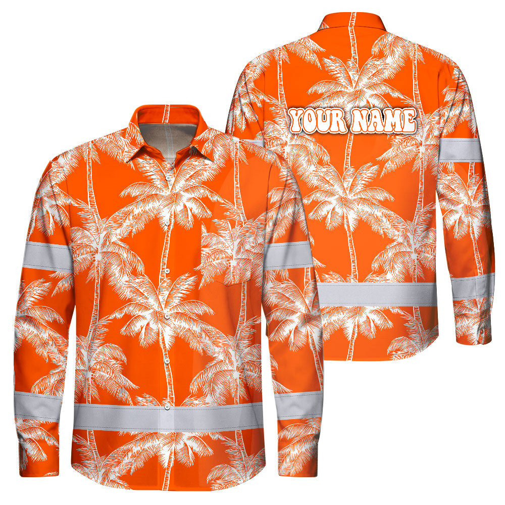 Hi Vis Hawaiian Long Sleeve Shirt Reflective Tape Orange Neon White Tree Hi-Vis Long Sleeve Shirt