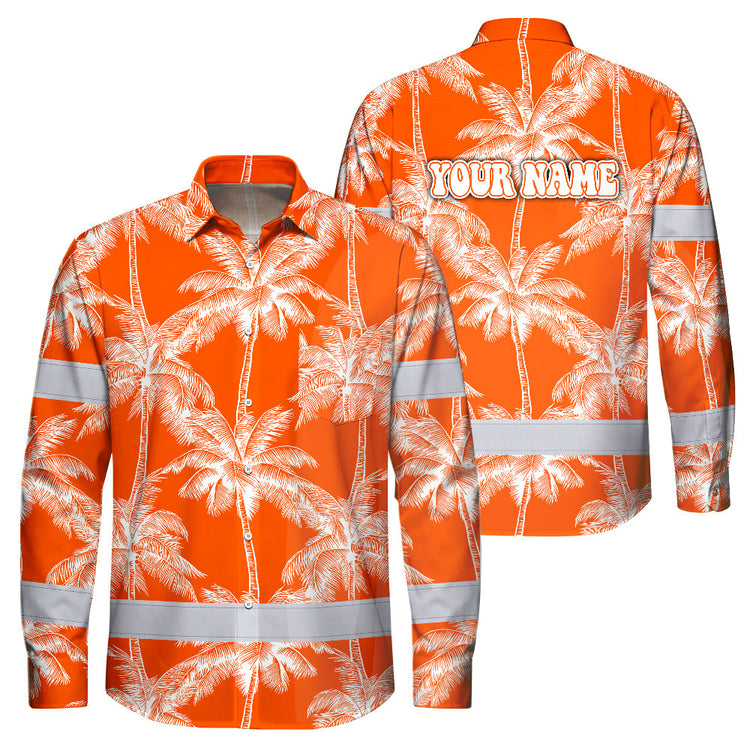 Hi Vis Hawaiian Long Sleeve Shirt Reflective Tape Orange Neon White Tree Hi-Vis Long Sleeve Shirt