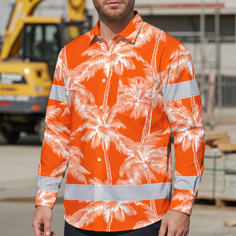 Hi Vis Hawaiian Long Sleeve Shirt Reflective Tape Orange Neon White Tree Hi-Vis Long Sleeve Shirt