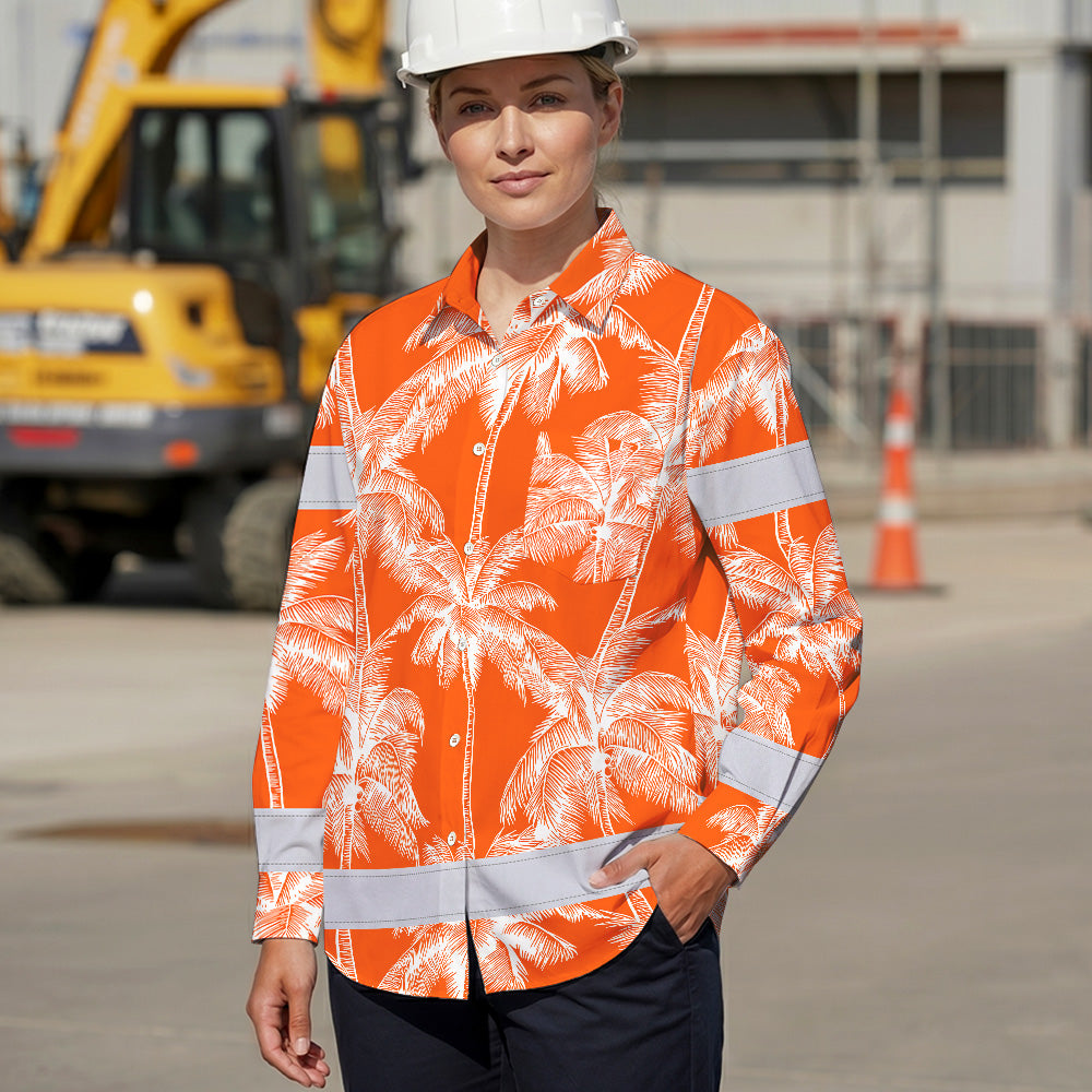 Hi Vis Hawaiian Long Sleeve Shirt Reflective Tape Orange Neon White Tree Hi-Vis Long Sleeve Shirt