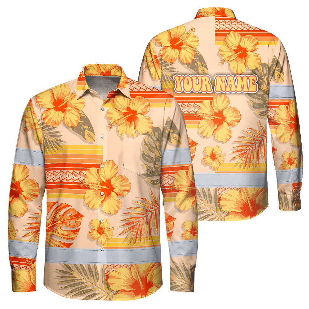 Hi Vis Hawaiian Long Sleeve Shirt Reflective Tape Orange Pastel Flower Hi-Vis Long Sleeve Shirt