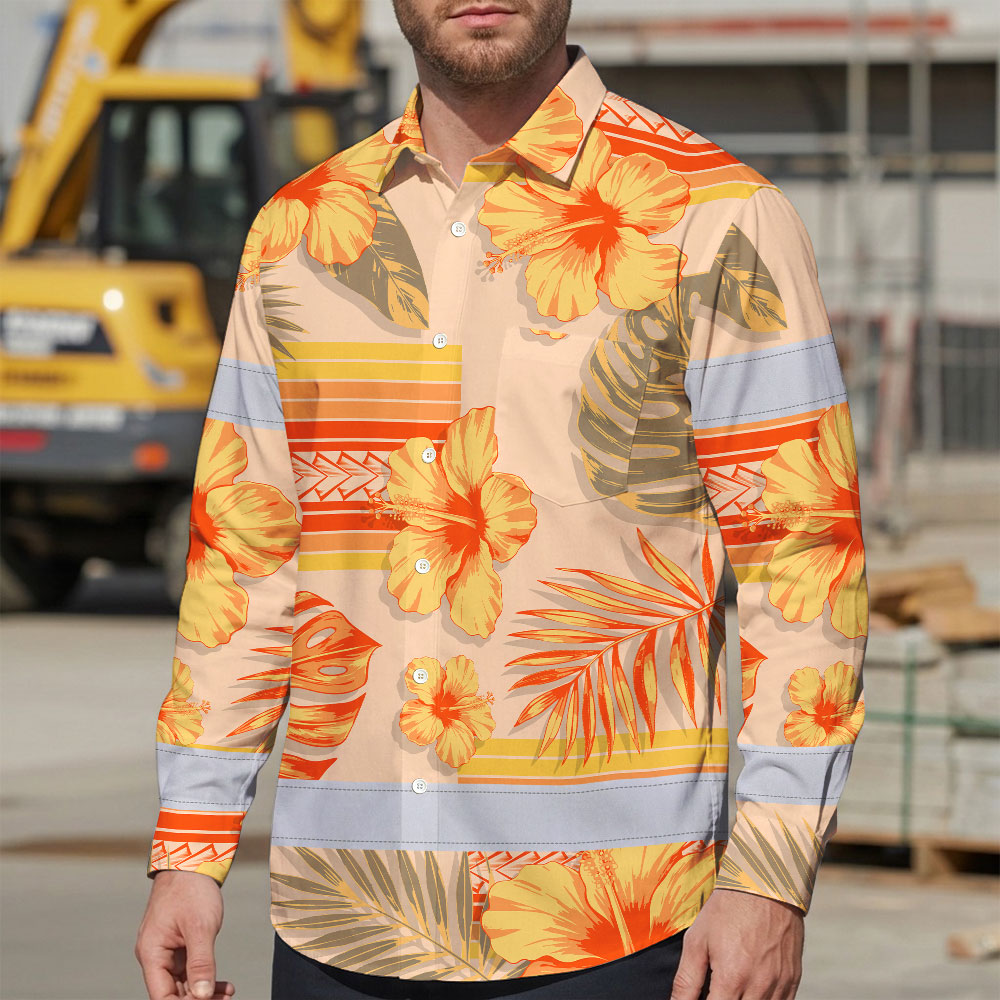 Hi Vis Hawaiian Long Sleeve Shirt Reflective Tape Orange Pastel Flower Hi-Vis Long Sleeve Shirt