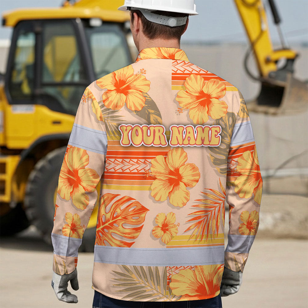 Hi Vis Hawaiian Long Sleeve Shirt Reflective Tape Orange Pastel Flower Hi-Vis Long Sleeve Shirt