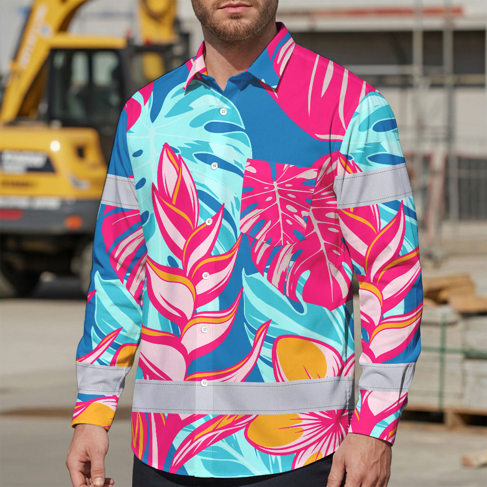 Hi Vis Hawaiian Long Sleeve Shirt Reflective Tape Pink Blue Flower Hi-Vis Long Sleeve Shirt
