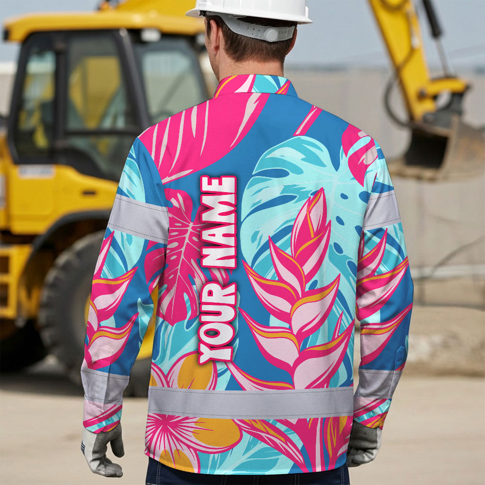 Hi Vis Hawaiian Long Sleeve Shirt Reflective Tape Pink Blue Flower Hi-Vis Long Sleeve Shirt