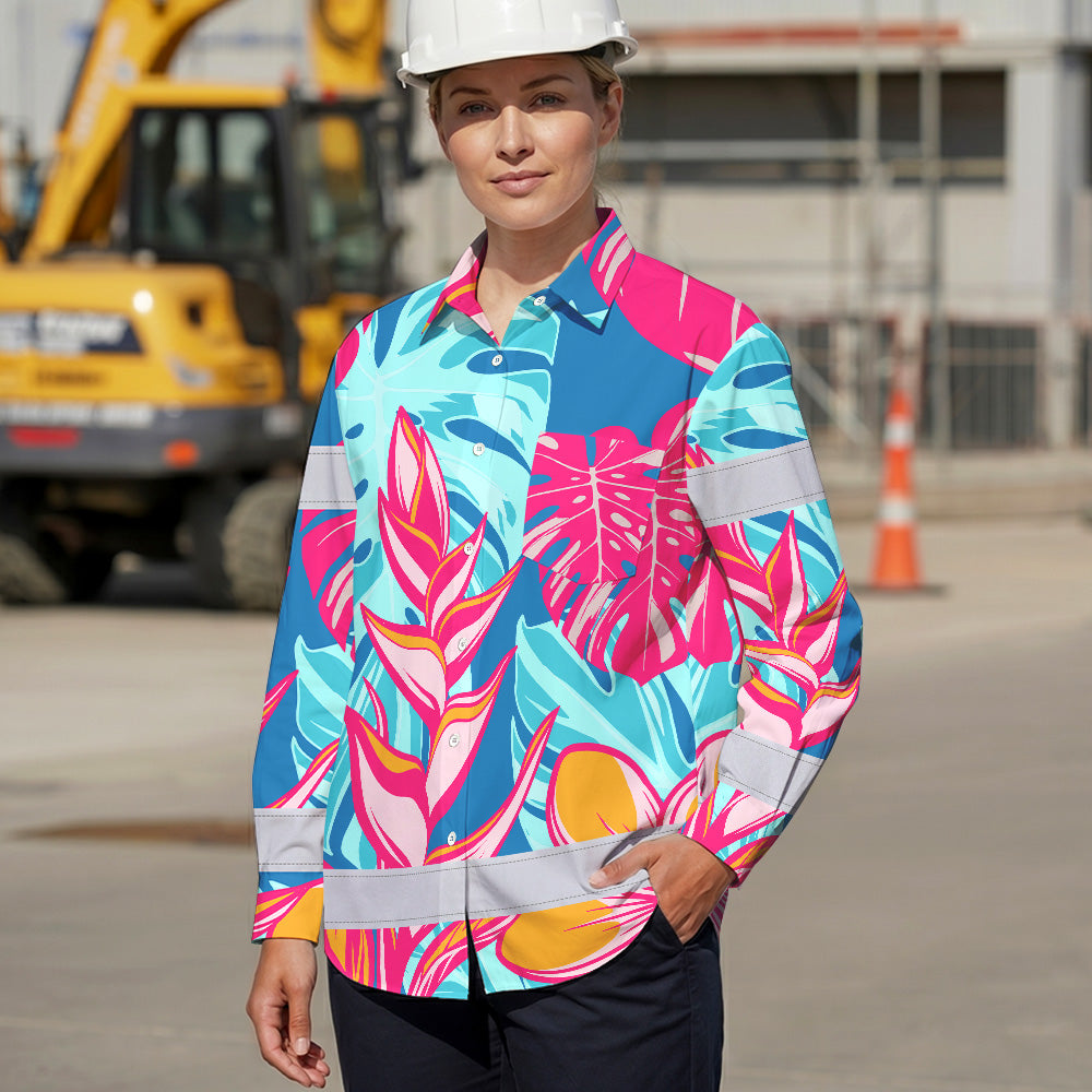Hi Vis Hawaiian Long Sleeve Shirt Reflective Tape Pink Blue Flower Hi-Vis Long Sleeve Shirt