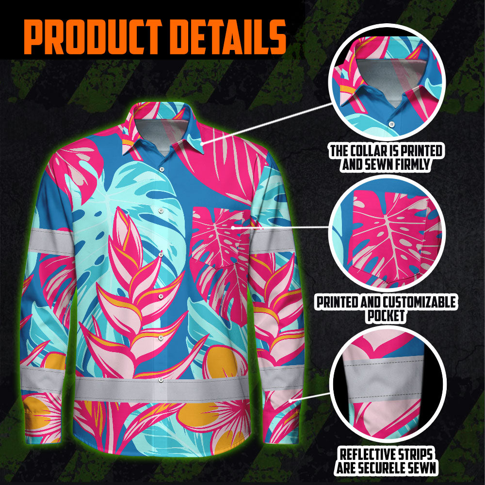 Hi Vis Hawaiian Long Sleeve Shirt Reflective Tape Pink Blue Flower Hi-Vis Long Sleeve Shirt
