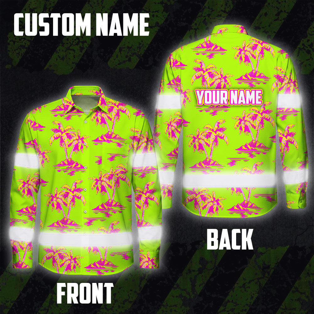 Hi Vis Hawaiian Long Sleeve Shirt Reflective Tape Pink Yellow Coconut Tree Hi-Vis Long Sleeve Shirt