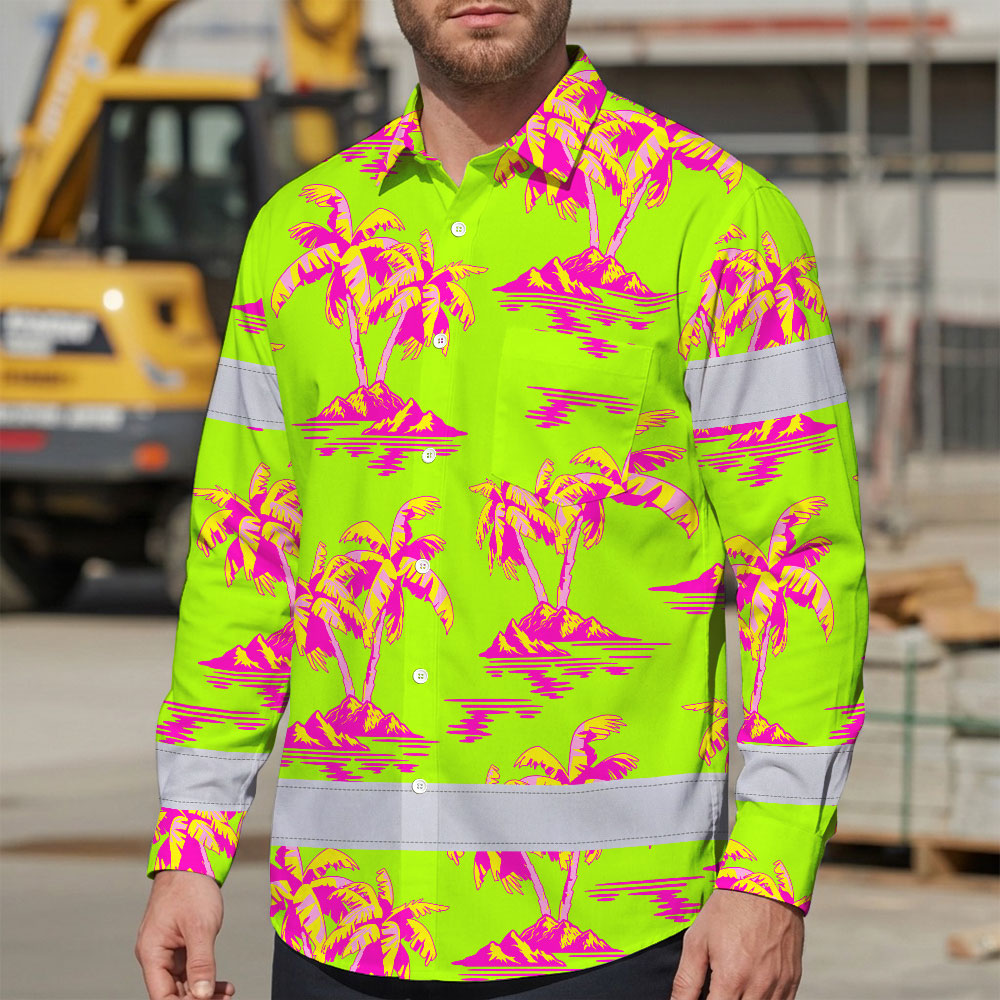 Hi Vis Hawaiian Long Sleeve Shirt Reflective Tape Pink Yellow Coconut Tree Hi-Vis Long Sleeve Shirt