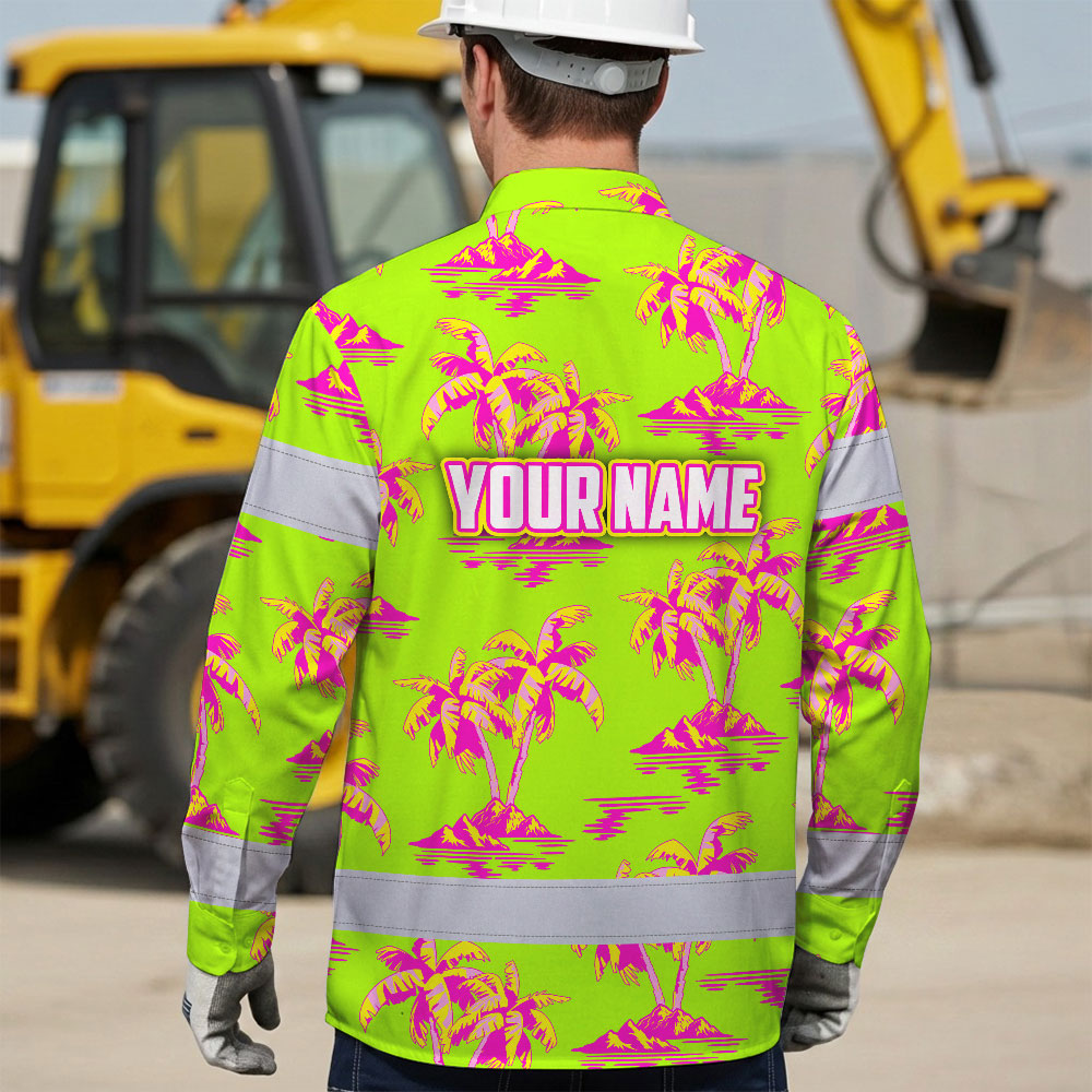 Hi Vis Hawaiian Long Sleeve Shirt Reflective Tape Pink Yellow Coconut Tree Hi-Vis Long Sleeve Shirt