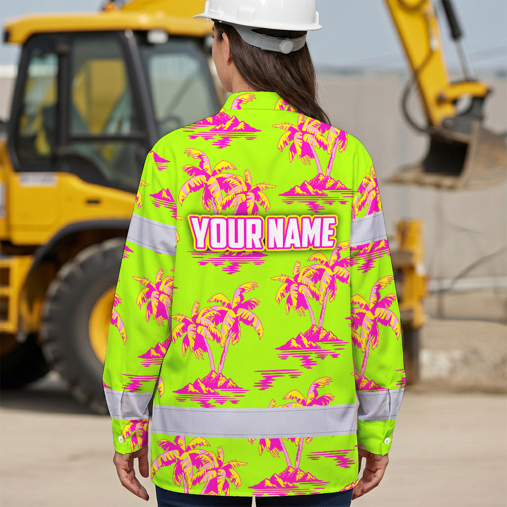 Hi Vis Hawaiian Long Sleeve Shirt Reflective Tape Pink Yellow Coconut Tree Hi-Vis Long Sleeve Shirt