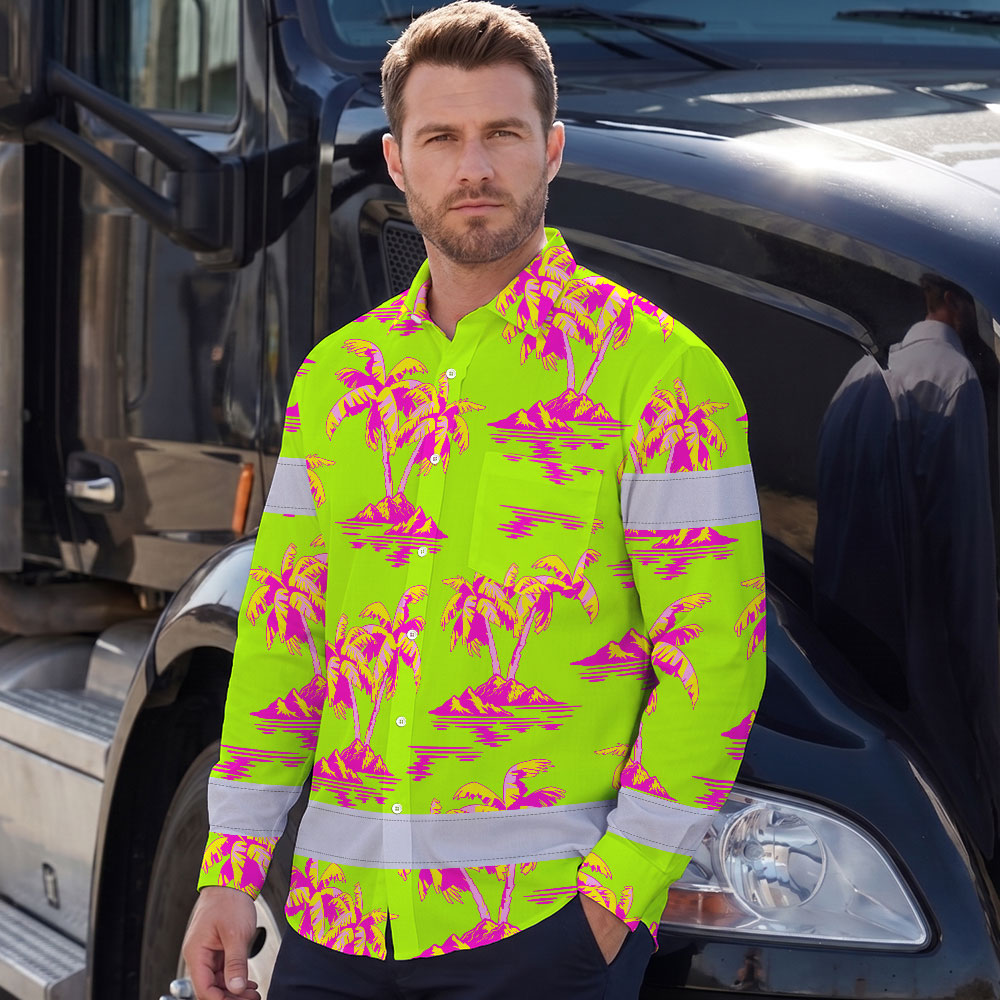 Hi Vis Hawaiian Long Sleeve Shirt Reflective Tape Pink Yellow Coconut Tree Hi-Vis Long Sleeve Shirt