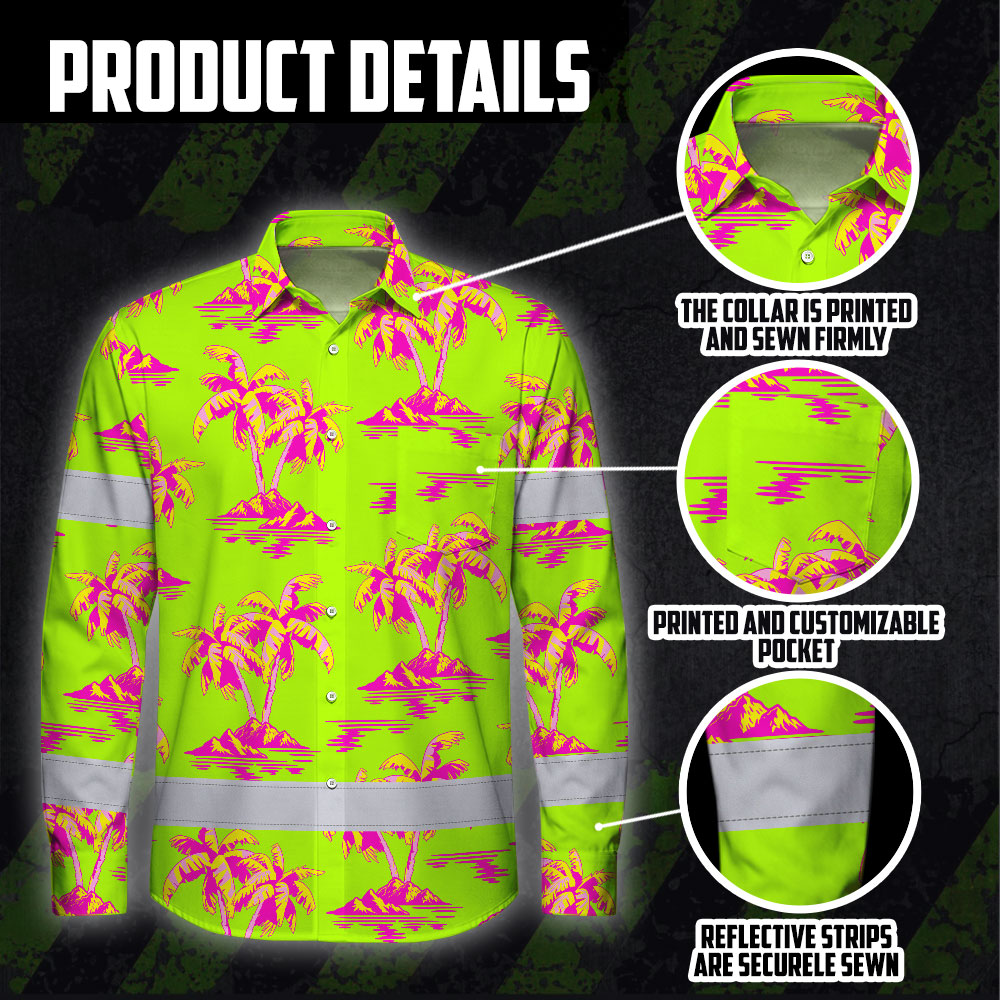 Hi Vis Hawaiian Long Sleeve Shirt Reflective Tape Pink Yellow Coconut Tree Hi-Vis Long Sleeve Shirt
