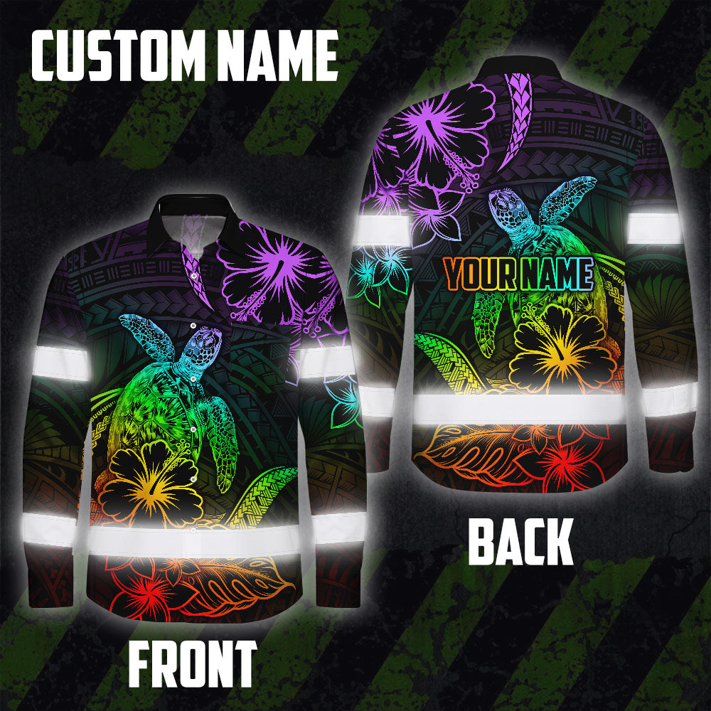 Hi Vis Hawaiian Long Sleeve Shirt Reflective Tape Rainbow Turtle Sea Hi-Vis Long Sleeve Shirt