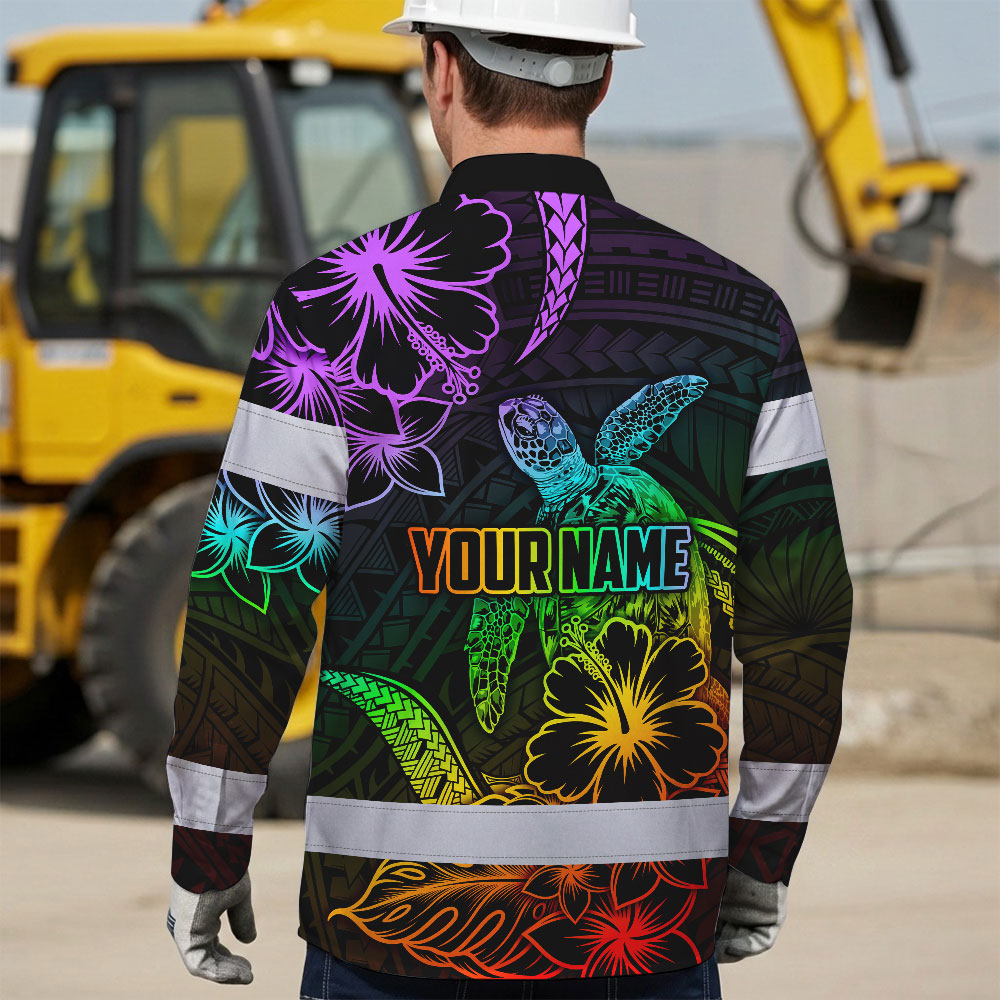 Hi Vis Hawaiian Long Sleeve Shirt Reflective Tape Rainbow Turtle Sea Hi-Vis Long Sleeve Shirt