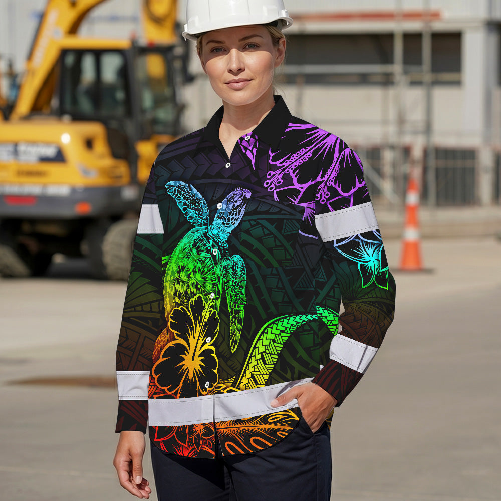 Hi Vis Hawaiian Long Sleeve Shirt Reflective Tape Rainbow Turtle Sea Hi-Vis Long Sleeve Shirt
