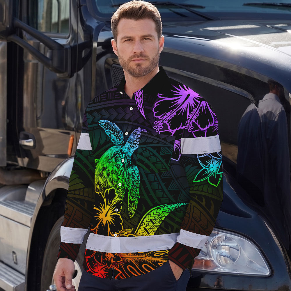 Hi Vis Hawaiian Long Sleeve Shirt Reflective Tape Rainbow Turtle Sea Hi-Vis Long Sleeve Shirt