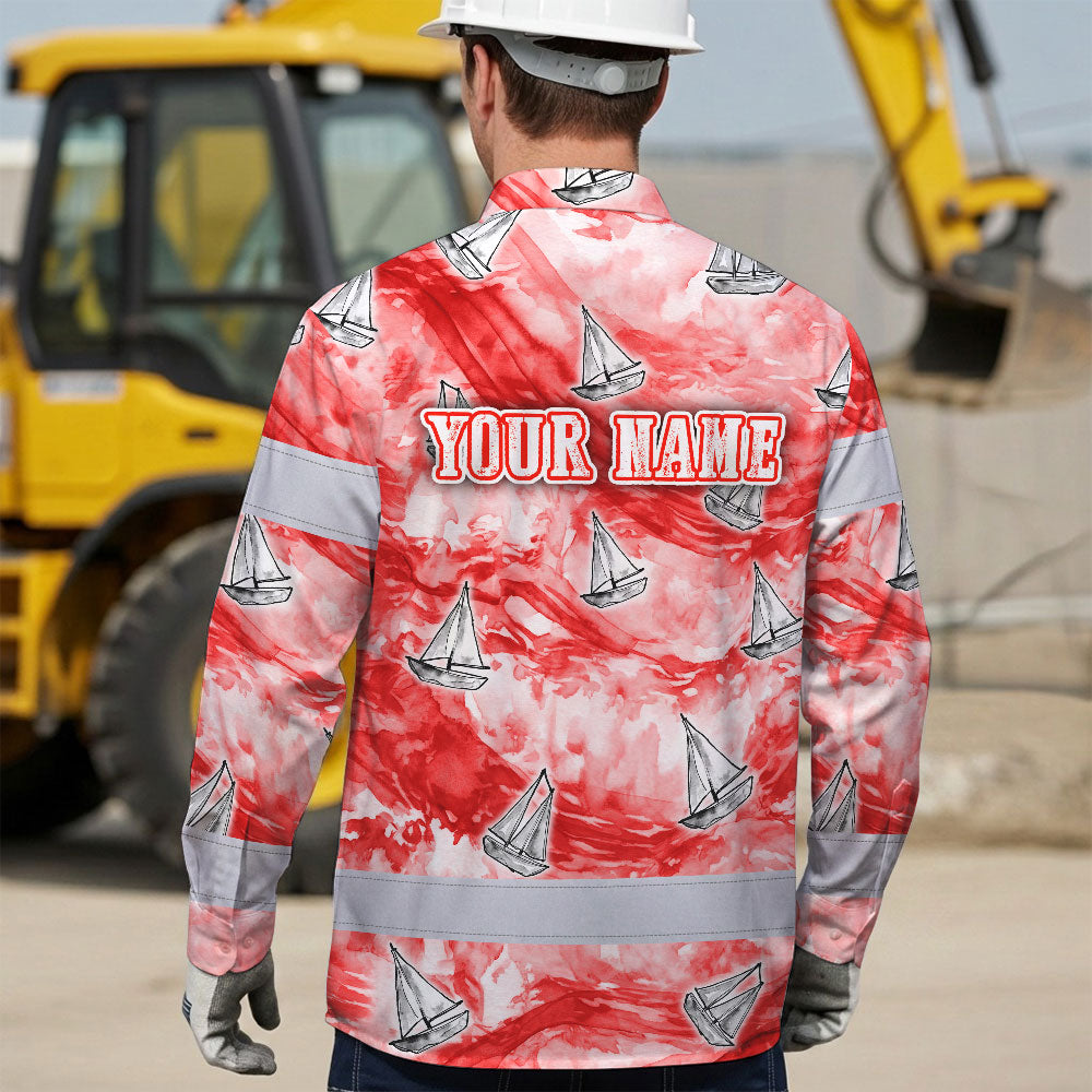 Hi Vis Hawaiian Long Sleeve Shirt Reflective Tape Red White Sea Boat Hi-Vis Long Sleeve Shirt
