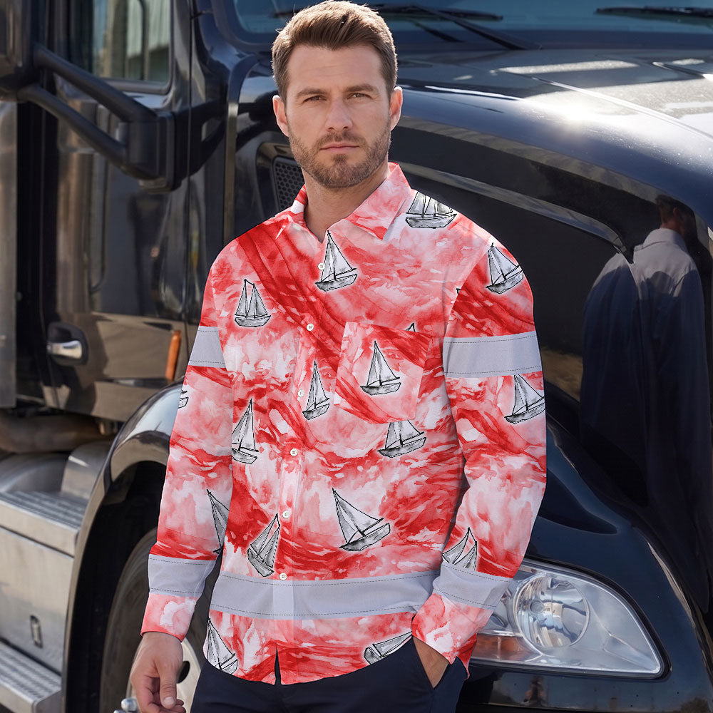 Hi Vis Hawaiian Long Sleeve Shirt Reflective Tape Red White Sea Boat Hi-Vis Long Sleeve Shirt