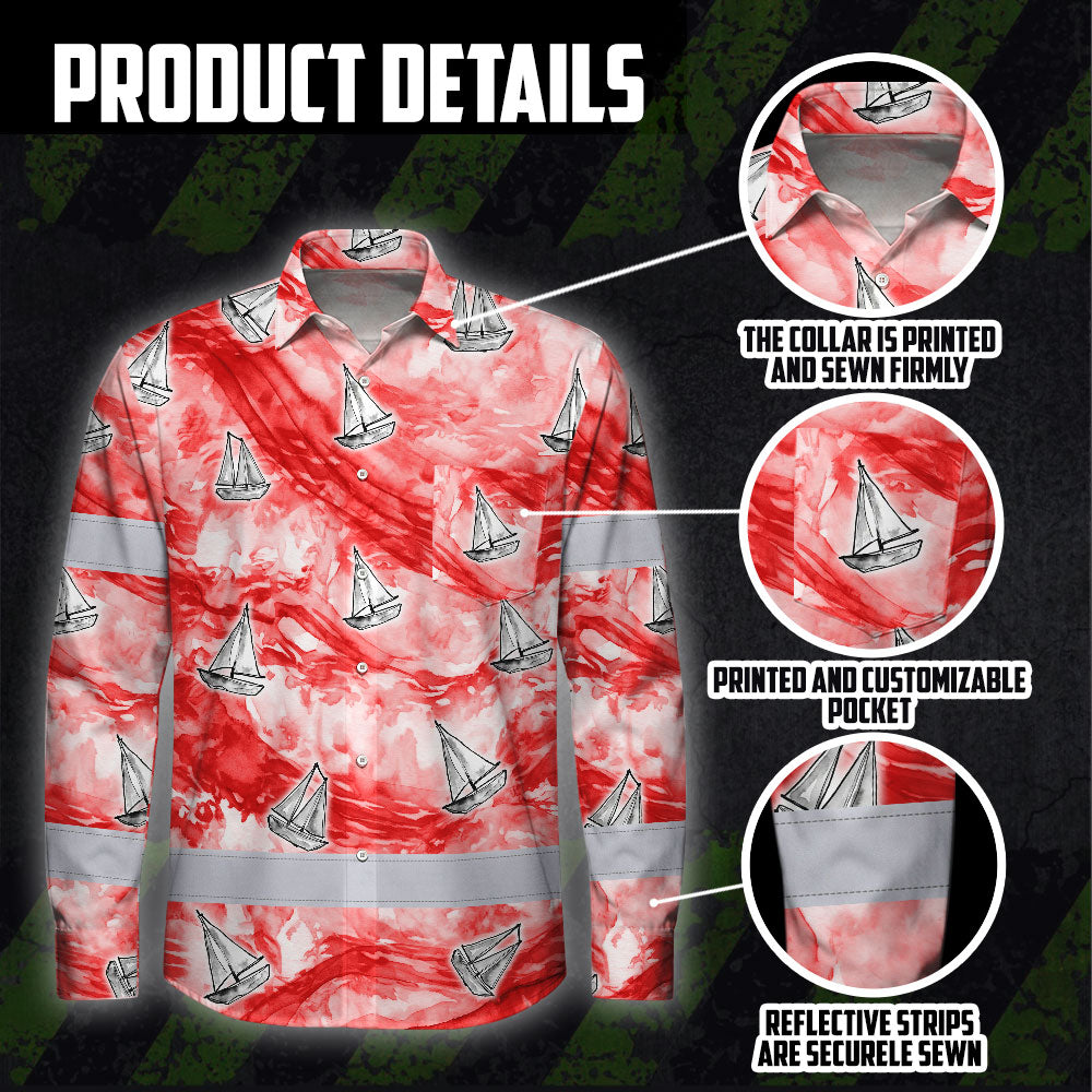 Hi Vis Hawaiian Long Sleeve Shirt Reflective Tape Red White Sea Boat Hi-Vis Long Sleeve Shirt