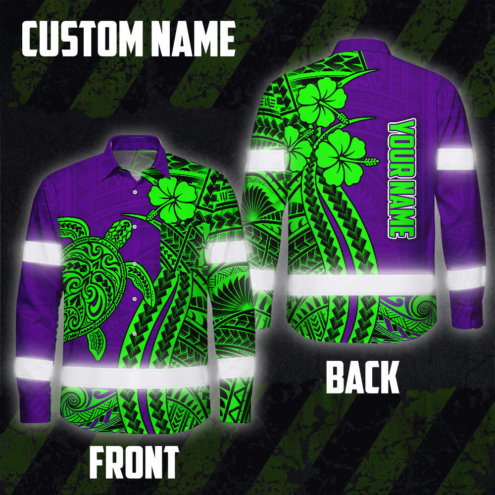 Hi Vis Hawaiian Long Sleeve Shirt Reflective Tape Violet Green Neon Polynesian Hi-Vis Long Sleeve Shirt