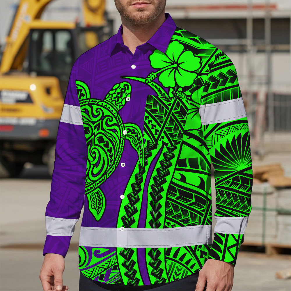Hi Vis Hawaiian Long Sleeve Shirt Reflective Tape Violet Green Neon Polynesian Hi-Vis Long Sleeve Shirt