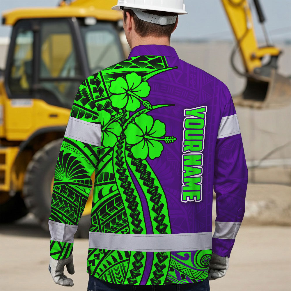 Hi Vis Hawaiian Long Sleeve Shirt Reflective Tape Violet Green Neon Polynesian Hi-Vis Long Sleeve Shirt