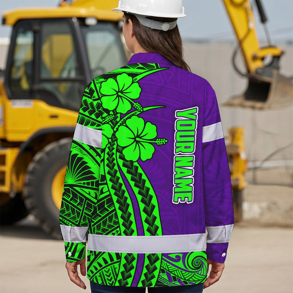 Hi Vis Hawaiian Long Sleeve Shirt Reflective Tape Violet Green Neon Polynesian Hi-Vis Long Sleeve Shirt