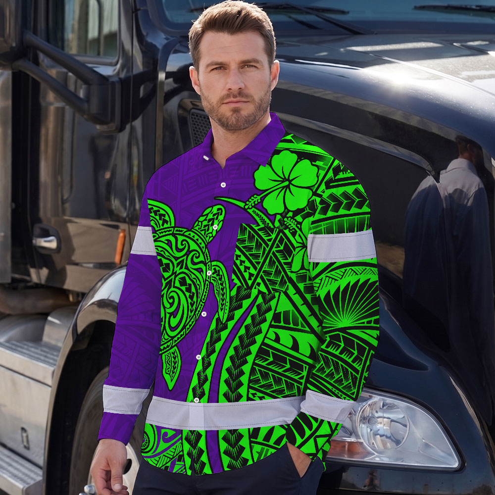 Hi Vis Hawaiian Long Sleeve Shirt Reflective Tape Violet Green Neon Polynesian Hi-Vis Long Sleeve Shirt