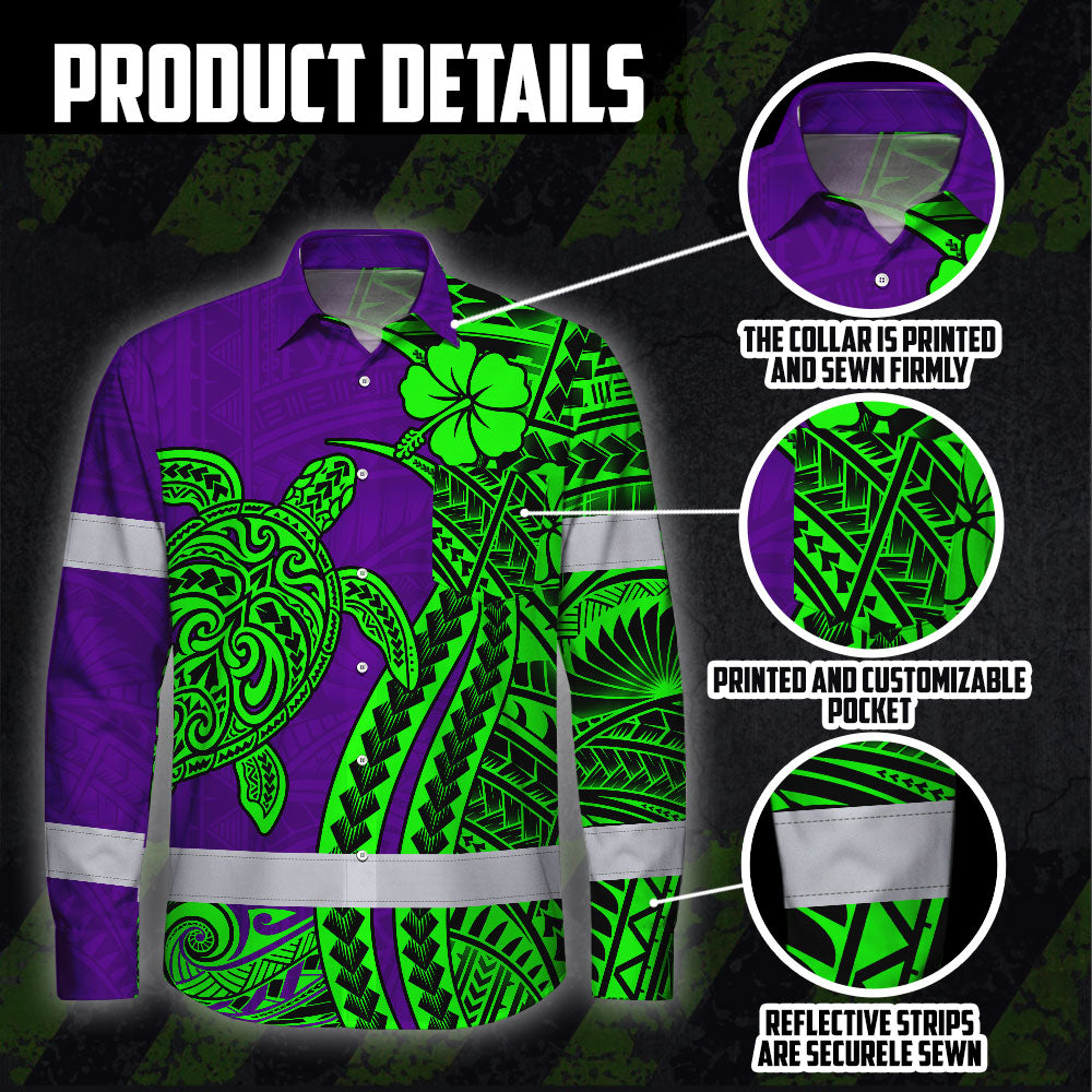Hi Vis Hawaiian Long Sleeve Shirt Reflective Tape Violet Green Neon Polynesian Hi-Vis Long Sleeve Shirt