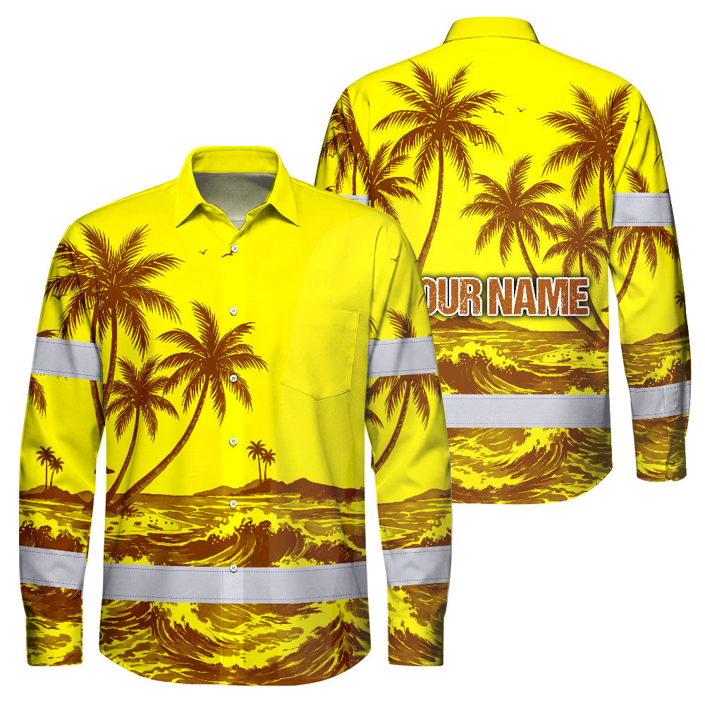 Hi Vis Hawaiian Long Sleeve Shirt Reflective Tape Yellow Neon Coconut Tree Hi-Vis Long Sleeve Shirt