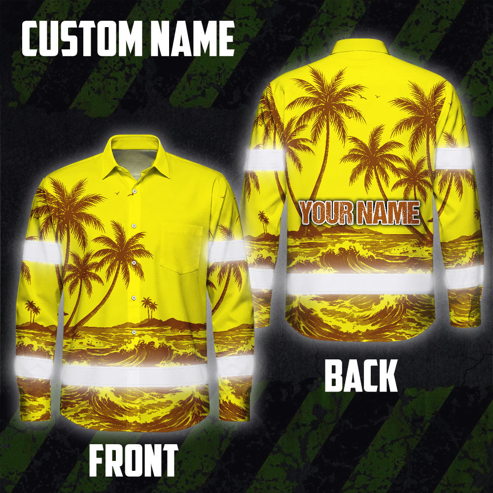 Hi Vis Hawaiian Long Sleeve Shirt Reflective Tape Yellow Neon Coconut Tree Hi-Vis Long Sleeve Shirt