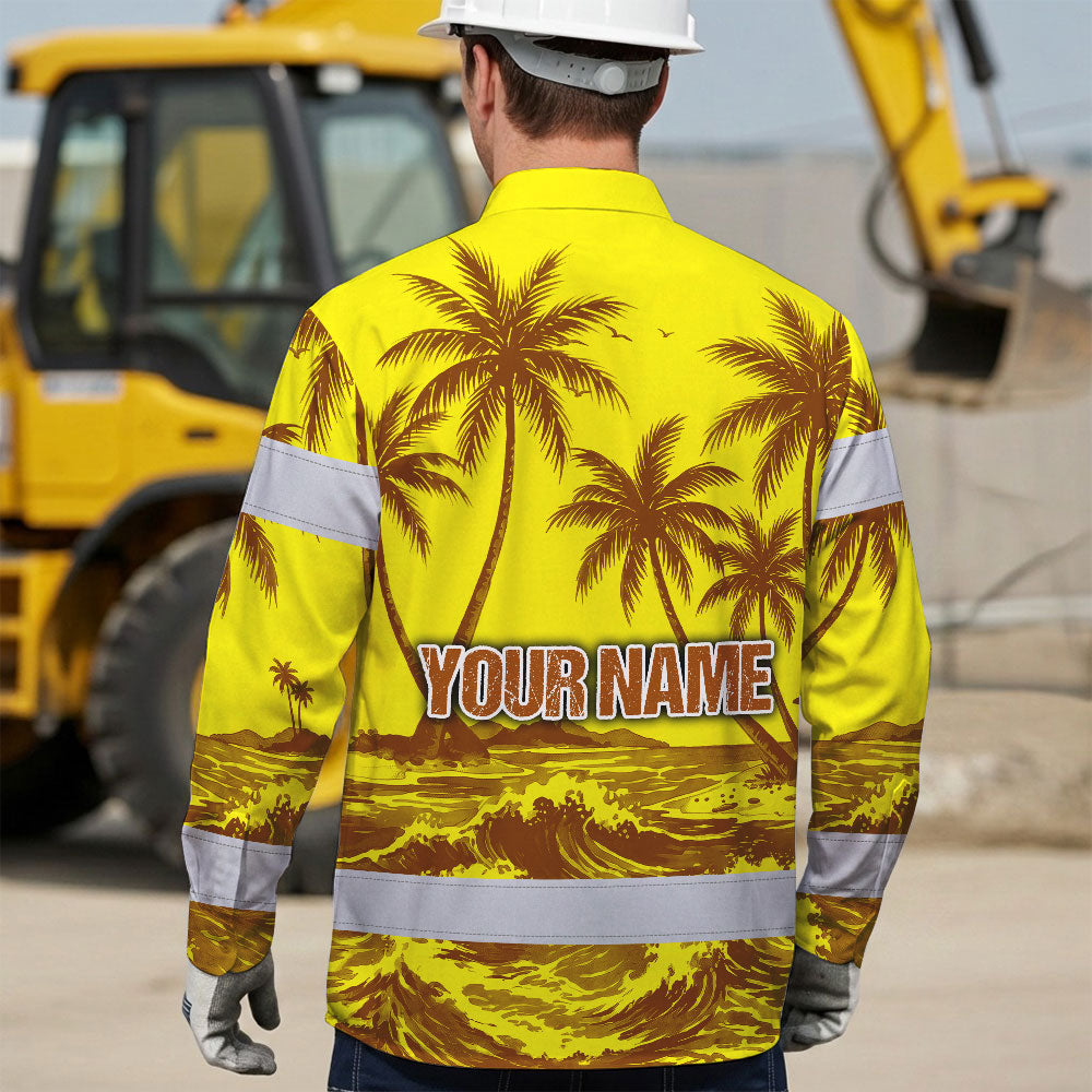 Hi Vis Hawaiian Long Sleeve Shirt Reflective Tape Yellow Neon Coconut Tree Hi-Vis Long Sleeve Shirt