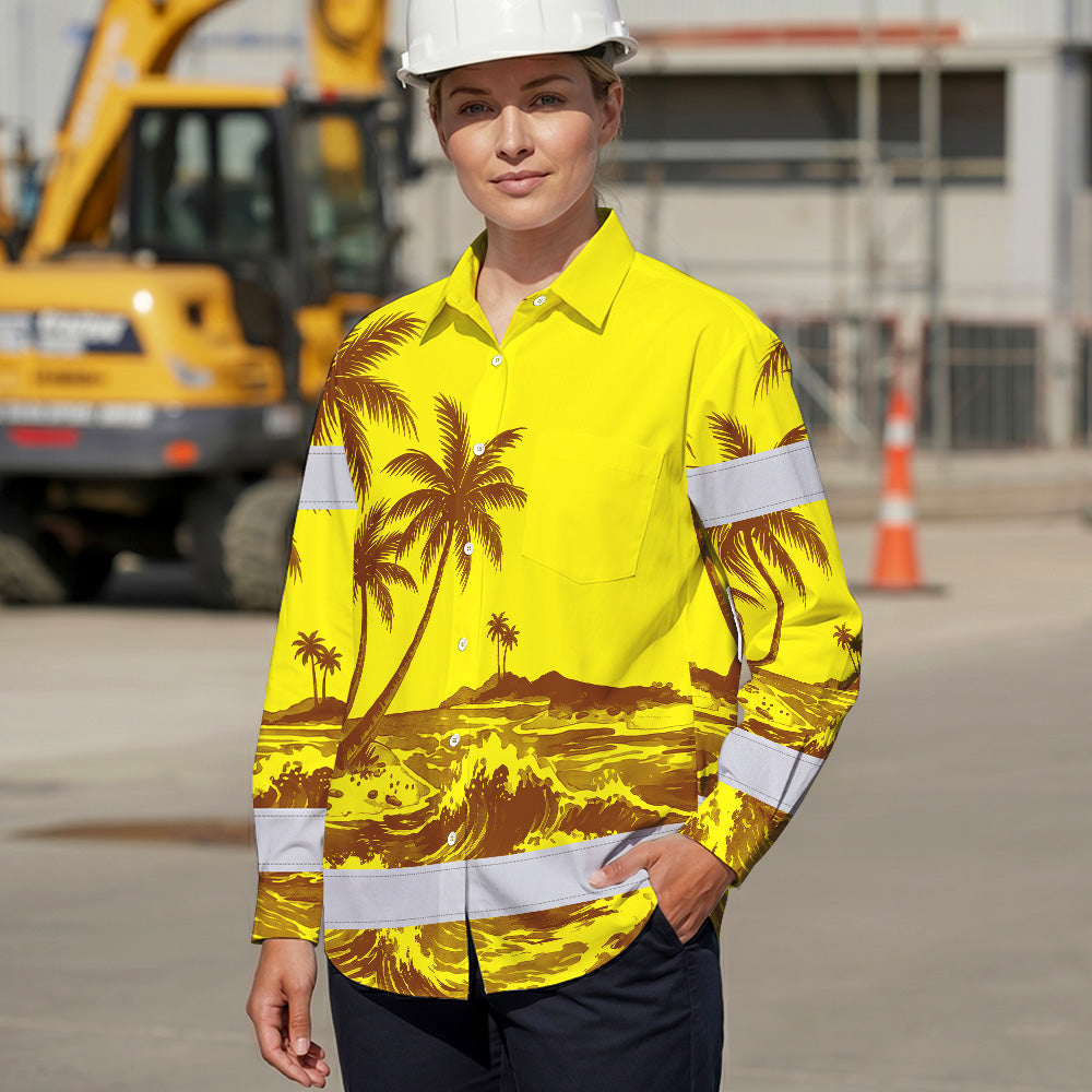 Hi Vis Hawaiian Long Sleeve Shirt Reflective Tape Yellow Neon Coconut Tree Hi-Vis Long Sleeve Shirt
