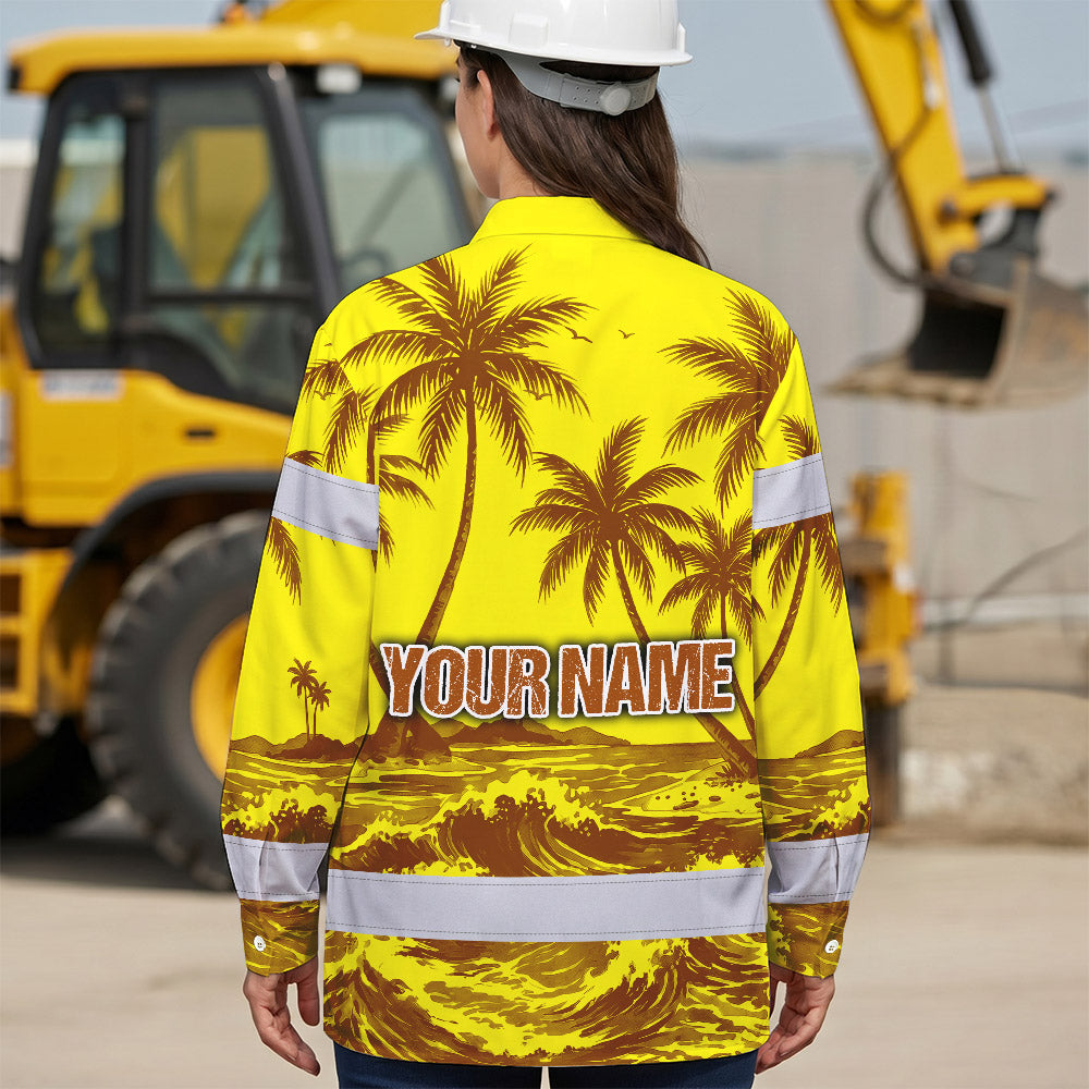 Hi Vis Hawaiian Long Sleeve Shirt Reflective Tape Yellow Neon Coconut Tree Hi-Vis Long Sleeve Shirt