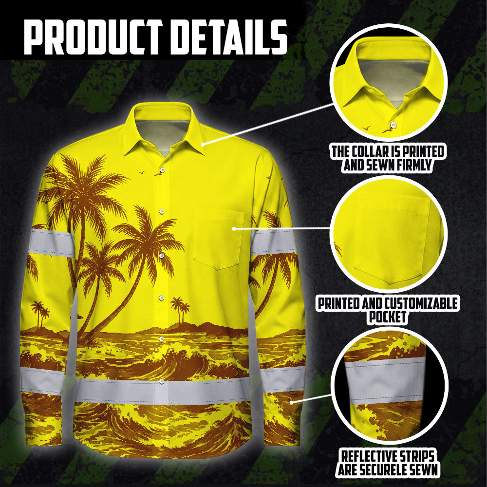 Hi Vis Hawaiian Long Sleeve Shirt Reflective Tape Yellow Neon Coconut Tree Hi-Vis Long Sleeve Shirt