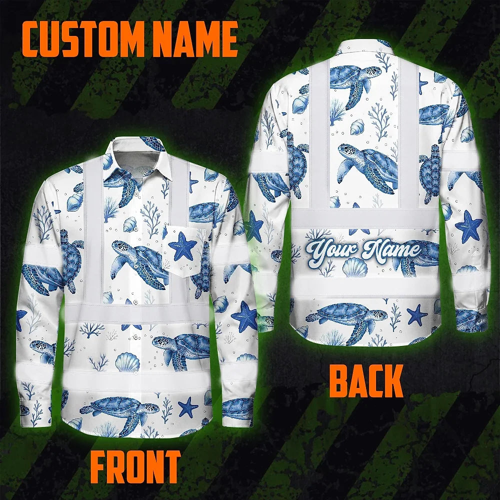 Hi Vis Hawaiian Long Sleeve Shirt Reflective Tapes Blue Flowers Turtle 2 Custom Name Safety Workwear For Workers, Truckers, Operators, Company