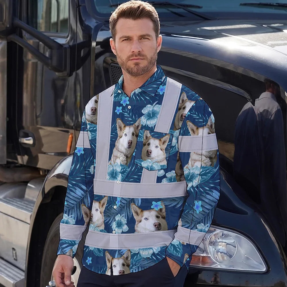 Hi Vis Hawaiian Long Sleeve Shirt Reflective Tapes Blue Flowers Custom Name And Image Safety Workwear For Workers, Truckers, Operators, Company, Pet Lovers