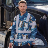 Hi Vis Hawaiian Long Sleeve Shirt Reflective Tapes Blue Flowers Custom Name And Image Safety Workwear For Workers, Truckers, Operators, Company, Pet Lovers