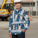 Hi Vis Hawaiian Long Sleeve Shirt Reflective Tapes Blue Flowers Custom Name And Image Safety Workwear For Workers, Truckers, Operators, Company, Pet Lovers