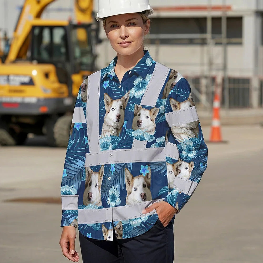 Hi Vis Hawaiian Long Sleeve Shirt Reflective Tapes Blue Flowers Custom Name And Image Safety Workwear For Workers, Truckers, Operators, Company, Pet Lovers