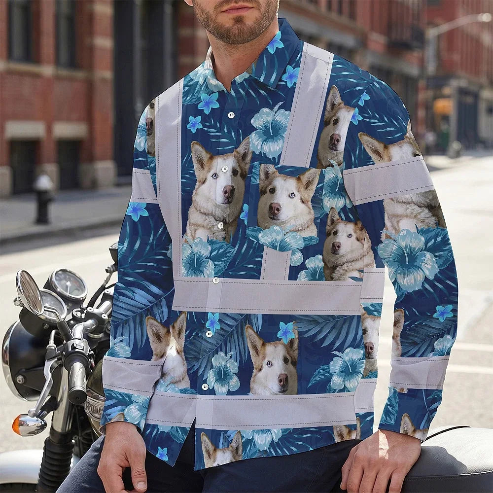 Hi Vis Hawaiian Long Sleeve Shirt Reflective Tapes Blue Flowers Custom Name And Image Safety Workwear For Workers, Truckers, Operators, Company, Pet Lovers