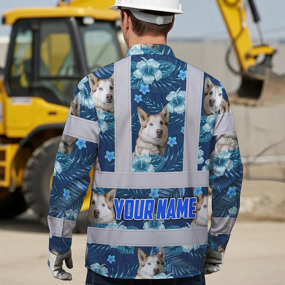 Hi Vis Hawaiian Long Sleeve Shirt Reflective Tapes Blue Flowers Custom Name And Image Safety Workwear For Workers, Truckers, Operators, Company, Pet Lovers