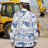 Hi Vis Hawaiian Long Sleeve Shirt Reflective Tapes Blue Flowers Turtle 2 Custom Name Safety Workwear For Workers, Truckers, Operators, Company