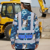 Hi Vis Hawaiian Long Sleeve Shirt Reflective Tapes Blue Flowers Custom Name And Image Safety Workwear For Workers, Truckers, Operators, Company, Pet Lovers