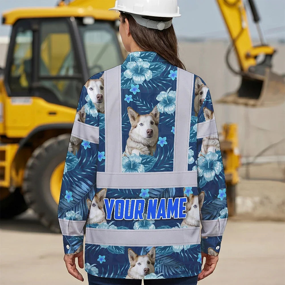 Hi Vis Hawaiian Long Sleeve Shirt Reflective Tapes Blue Flowers Custom Name And Image Safety Workwear For Workers, Truckers, Operators, Company, Pet Lovers