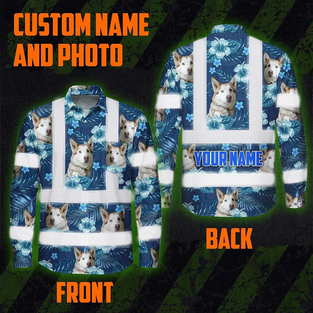 Hi Vis Hawaiian Long Sleeve Shirt Reflective Tapes Blue Flowers Custom Name And Image Safety Workwear For Workers, Truckers, Operators, Company, Pet Lovers