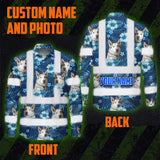 Hi Vis Hawaiian Long Sleeve Shirt Reflective Tapes Blue Flowers Custom Name And Image Safety Workwear For Workers, Truckers, Operators, Company, Pet Lovers
